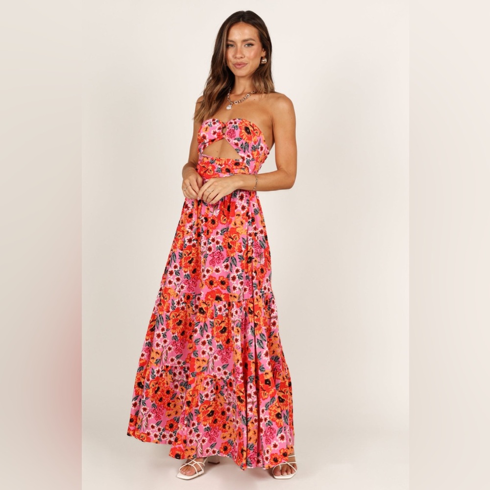 Petal & Pup Strapless Pink Orange Floral Cutout Maxi Dress